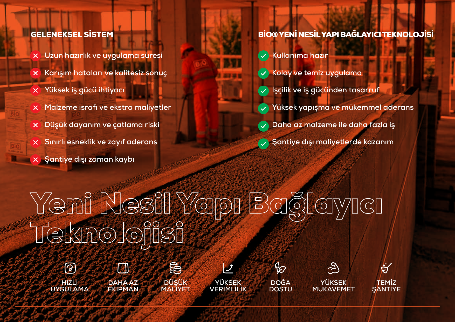 Geleneksel sistem ve BIO yeni nesil yapi baglayici teknolojisi karsilastirma sayfasi